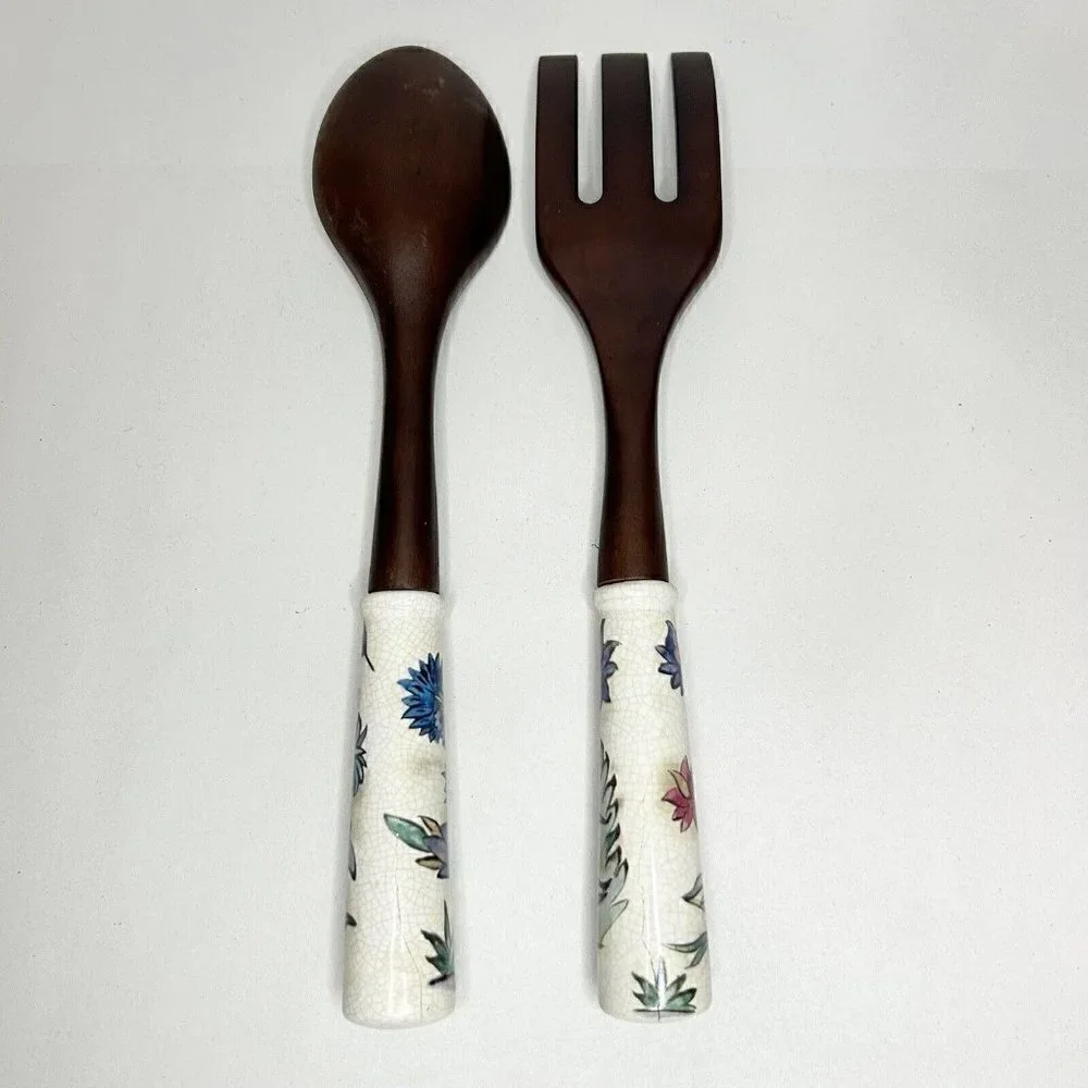 Wooden Salad Serving Fork Spoon Set w/ Porcelain Floral/Bird Handles 13